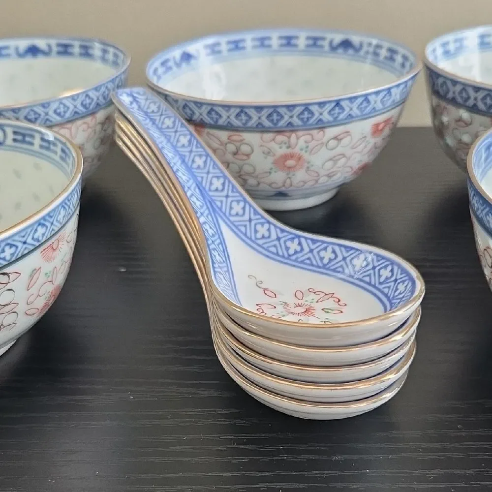 Vintage Set Of China Sushi Bowls and Spoons
